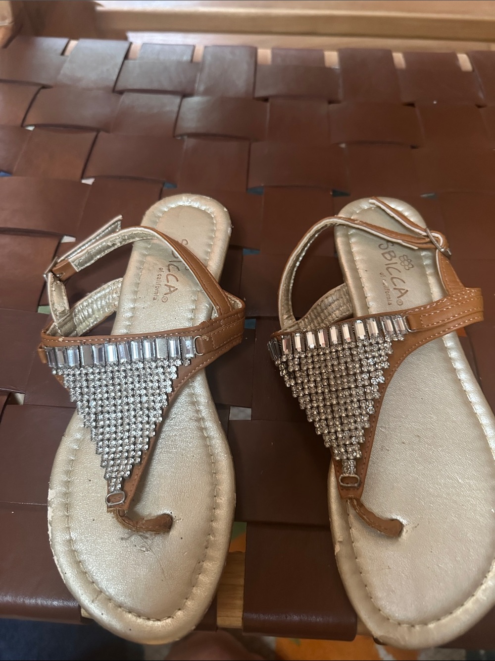 Sbicca Tan and Gold Crystal T‑Strap Sandals
